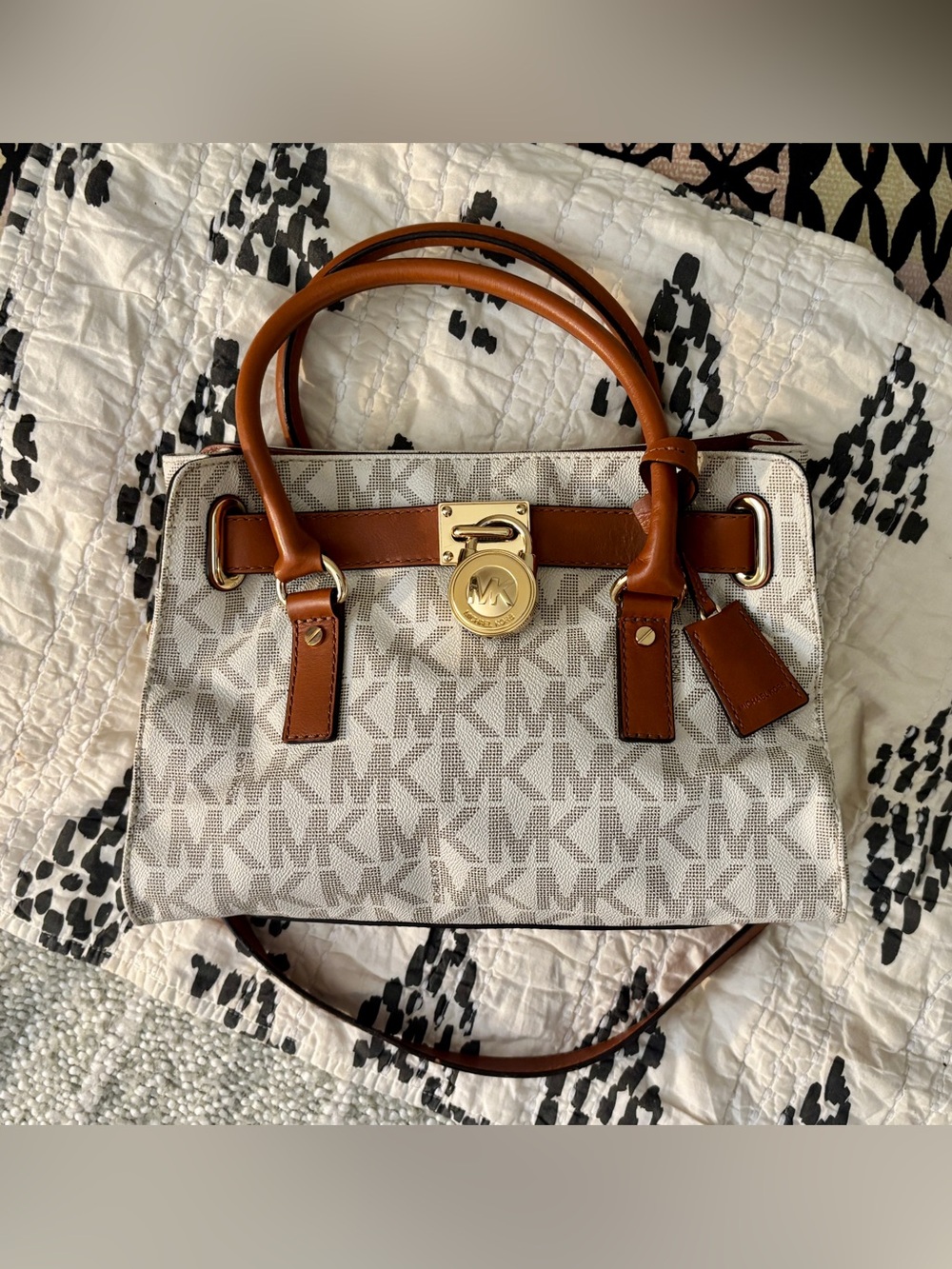 Michael Kors Hamilton Monogram Signature Padlock Satchel Vanilla Brown Colorway